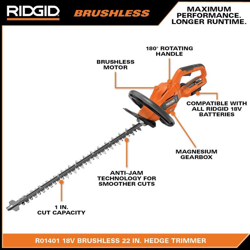 RIDGID 18V Brushless Cordless Battery 22 in. Hedge Trimmer (Tool Only) - R01401B