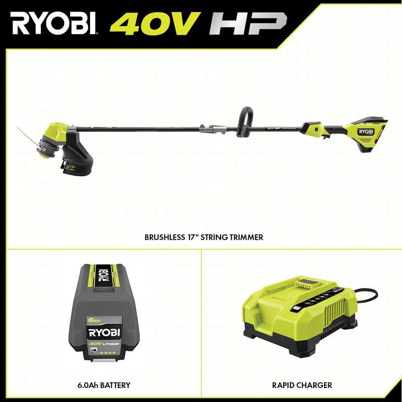 RYOBI 40V HP Brushless Whisper Series 17 in. Cordless Battery Carbon Fiber Shaft String Trimmer w/ 6.0 Ah Battery & Charger - RY402110