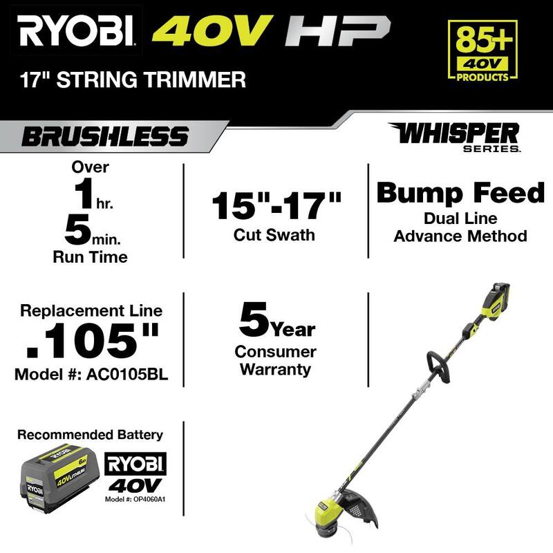 RYOBI 40V HP Brushless Whisper Series 17 in. Cordless Battery Carbon Fiber Shaft String Trimmer w/ 6.0 Ah Battery & Charger - RY402110