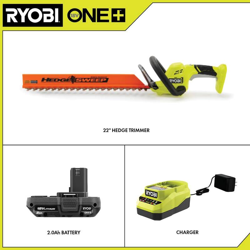 RYOBI ONE+ 18V 22 in. Lithium-Ion Cordless Hedge Trimmer with 2.0 Ah Battery and Charger - P2690