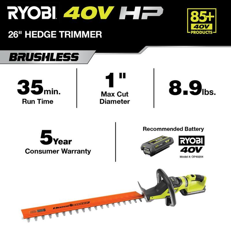 RYOBI 40V HP Brushless 26 in. Cordless Battery Hedge Trimmer with 2.0 Ah Battery and Charger - RY40640