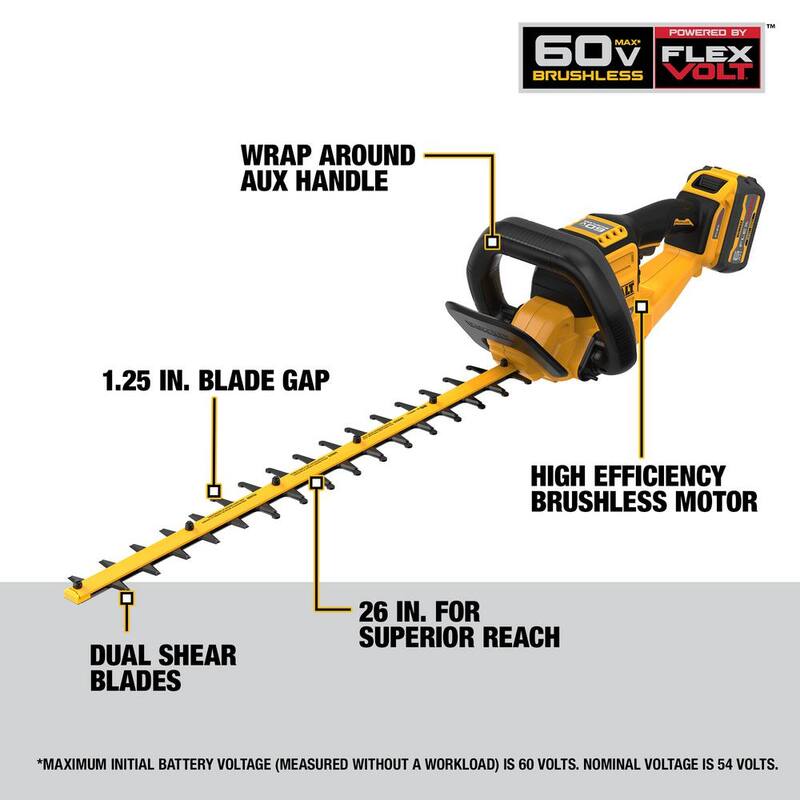 DEWALT FLEXVOLT 60V MAX 26 in. Brushless Cordless Battery Powered Hedge Trimmer Kit with (1) FLEXVOLT 2 Ah Battery & Charger - DCHT870T1