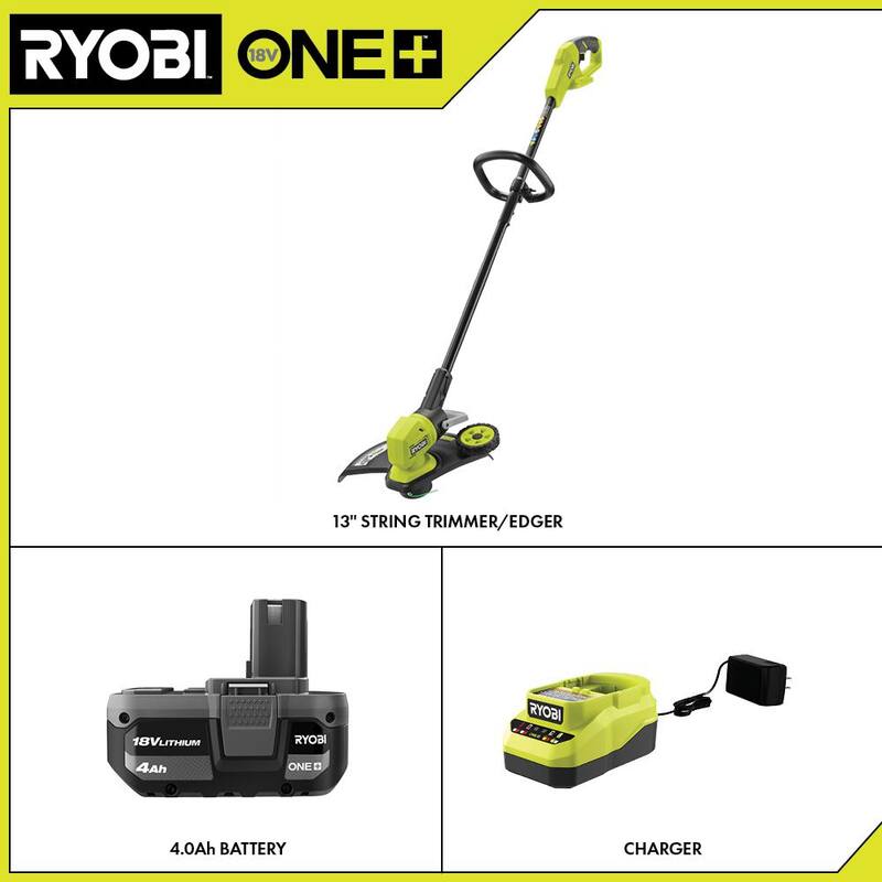 RYOBI ONE+ 18V 13 in. Cordless Battery String Trimmer/Edger with 4.0 Ah Battery and Charger - P20180