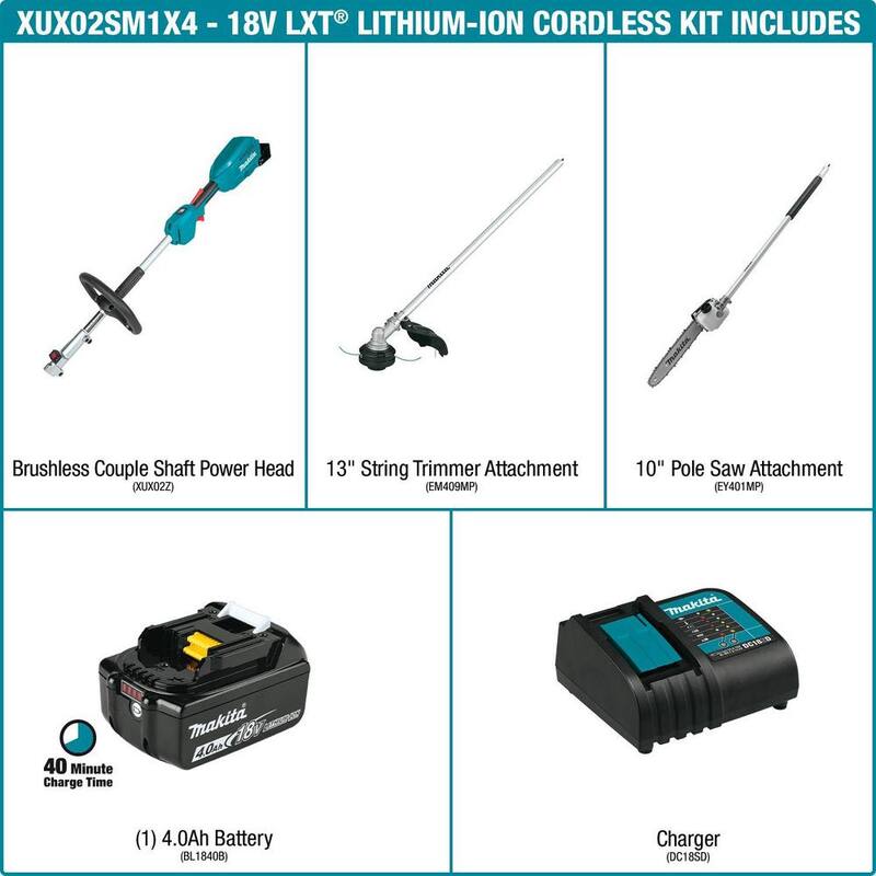 Makita LXT 18V Lithium-Ion Brushless Cordless Couple Shaft Power Head Kit w/String Trimmer & 10 in. Pole Saw Attachments 4.0Ah - XUX02SM1X4