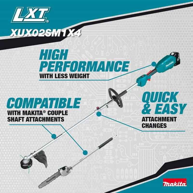 Makita LXT 18V Lithium-Ion Brushless Cordless Couple Shaft Power Head Kit w/String Trimmer & 10 in. Pole Saw Attachments 4.0Ah - XUX02SM1X4