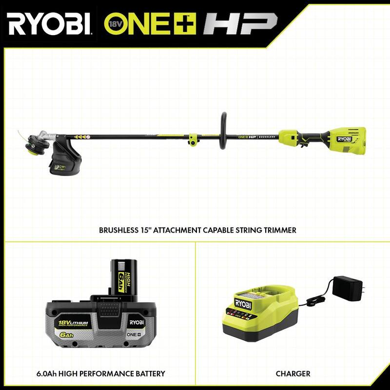 RYOBI ONE+ HP 18V Brushless 15 in. Attachment Capable String Trimmer with 6.0 Ah Battery and Charger - P20220