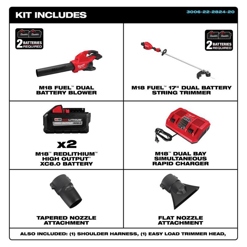 Milwaukee M18 FUEL 18V Brushless Cordless 17 in. Straight Shaft String Trimmer w/Dual Battery Blower, (2) Battery, Charger - 3006-22-2824-20