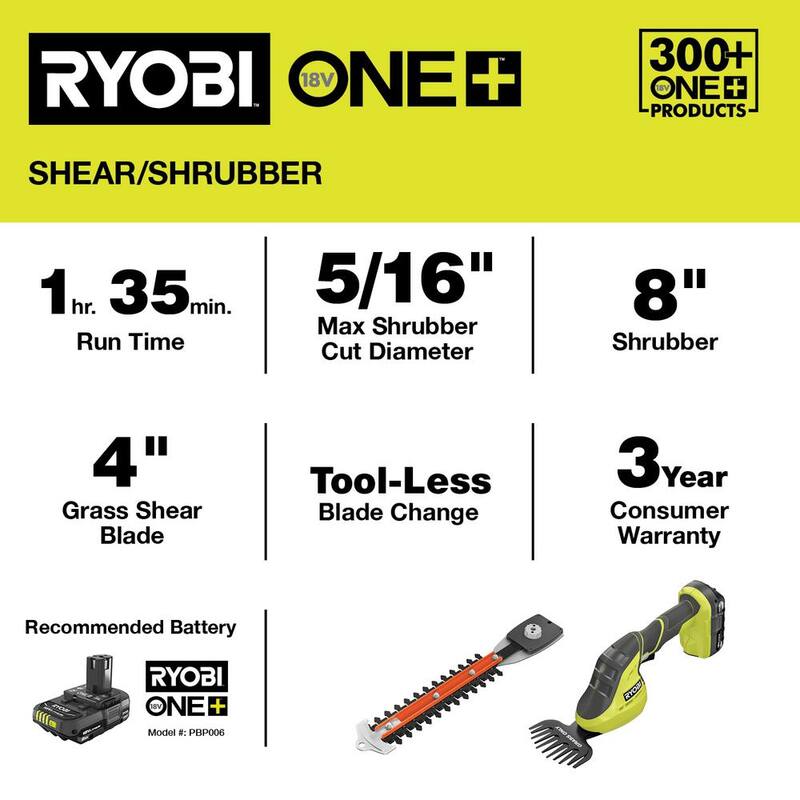 RYOBI ONE+ 18V Cordless Grass Shear and Shrubber Trimmer with 2.0 Ah Battery and Charger - P2980