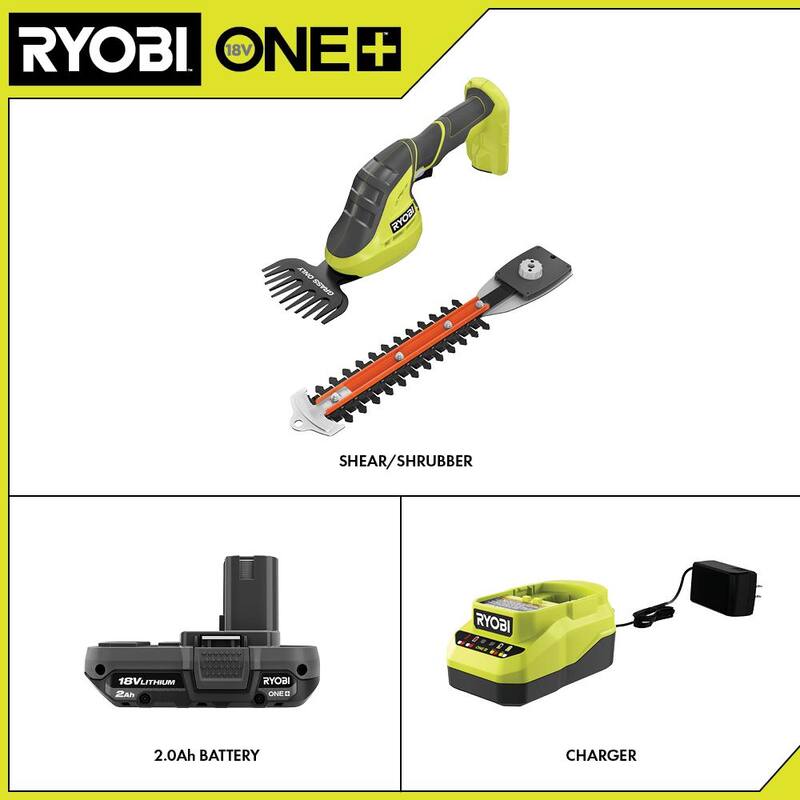 RYOBI ONE+ 18V Cordless Grass Shear and Shrubber Trimmer with 2.0 Ah Battery and Charger - P2980