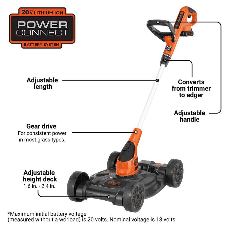 BLACK+DECKER 20V MAX Cordless Battery Powered 3-in-1 String Trimmer, Lawn Edger & Lawn Mower Kit with (2) 2Ah Batteries & Charger - MTC220