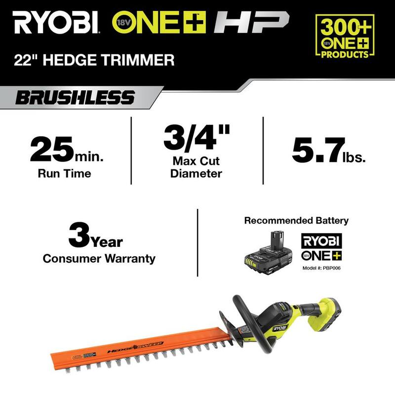 RYOBI ONE+ HP 18V Brushless 22 in. Cordless Battery Hedge Trimmer with 2.0 Ah Battery and Charger - P2680