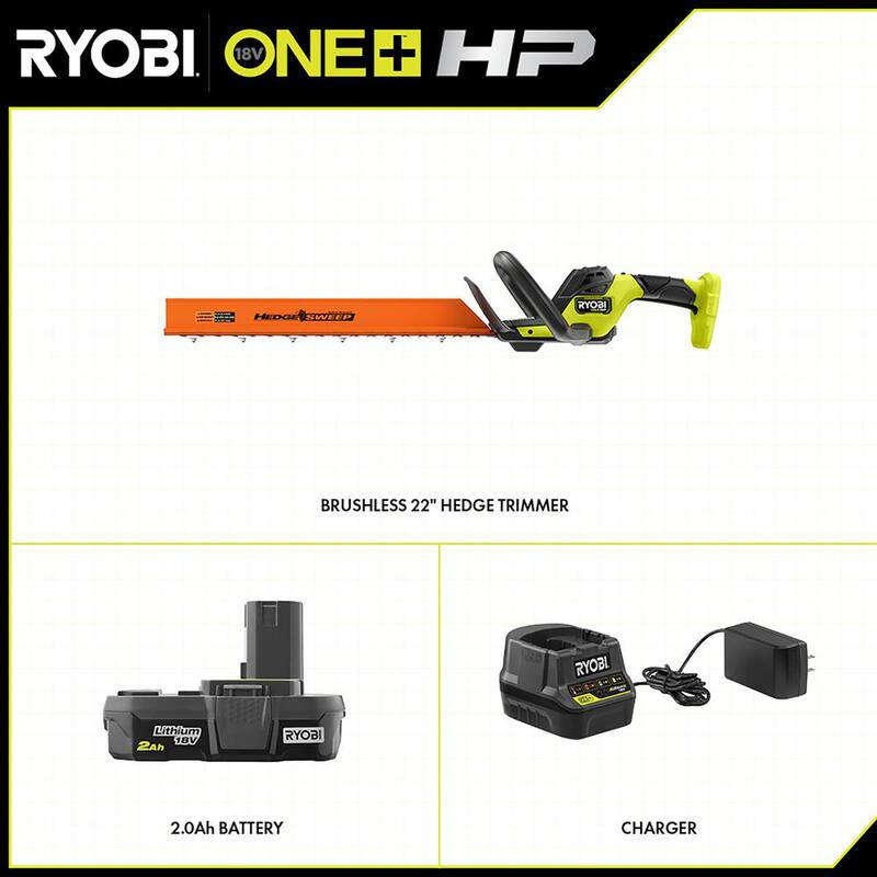 RYOBI ONE+ HP 18V Brushless 22 in. Cordless Battery Hedge Trimmer with 2.0 Ah Battery and Charger - P2680