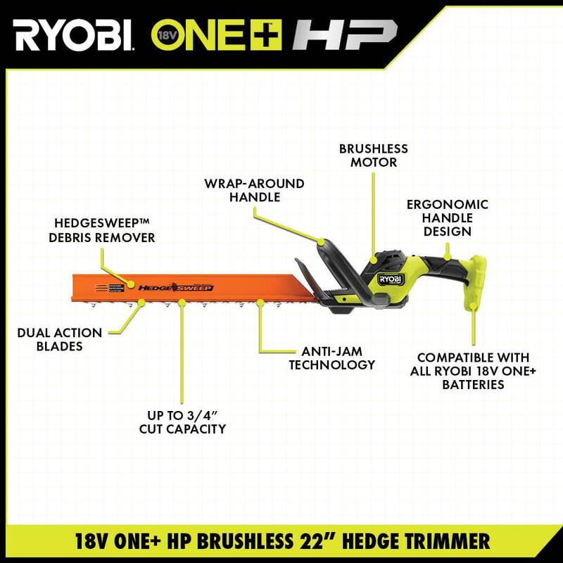 RYOBI ONE+ HP 18V Brushless 22 in. Cordless Battery Hedge Trimmer with 2.0 Ah Battery and Charger - P2680