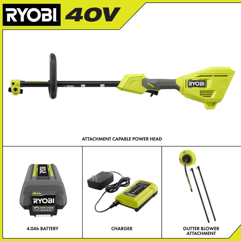 RYOBI 40V Expand-It Cordless Battery Attachment Capable Powerhead Kit & Gutter Blower with 4.0 Ah Battery and Charger - RY40PH01K-RYGUT