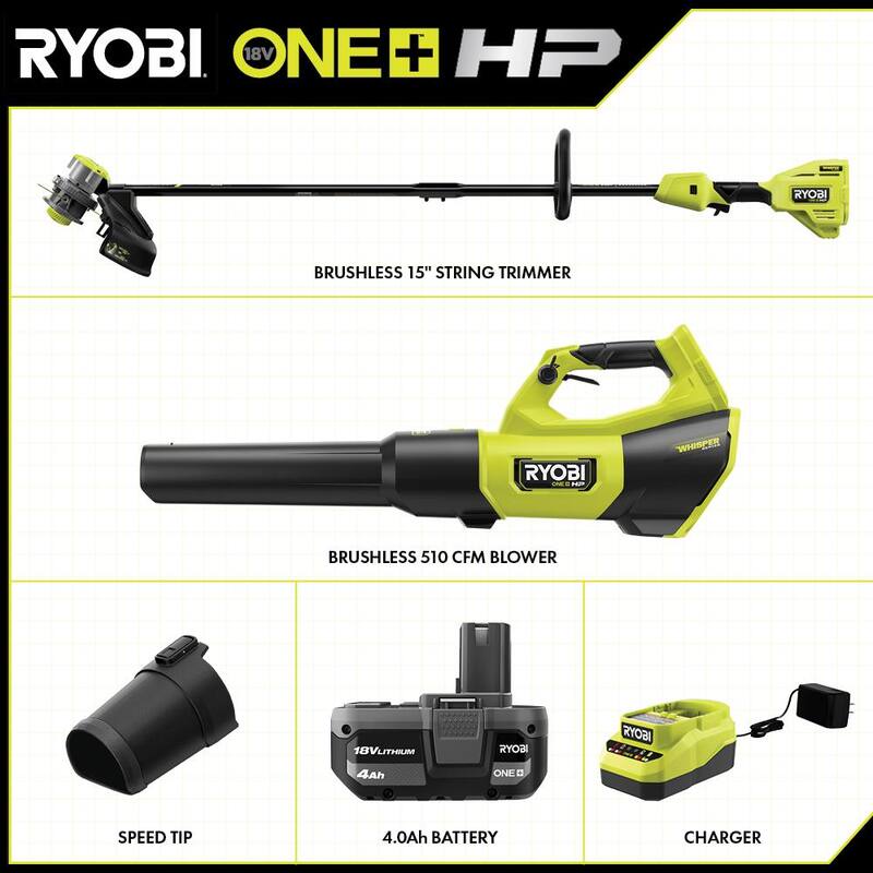 RYOBI ONE+ HP 18V Brushless Cordless Battery 15 in. String Trimmer & 510 CFM Leaf Blower Combo Kit w/4.0 Ah Battery & Charger - PBLCK201K
