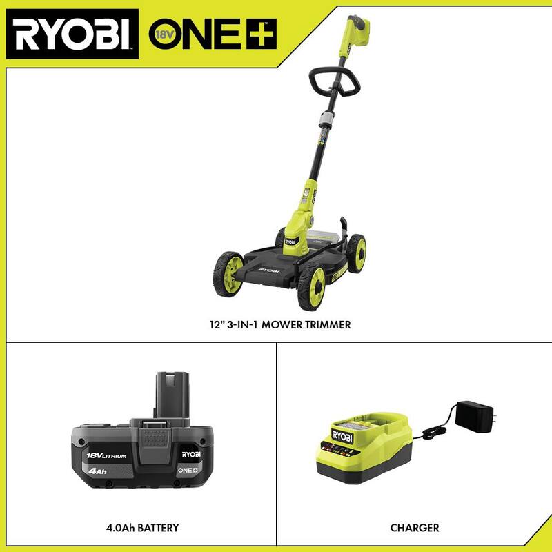 RYOBI ONE+ 18V 12 in. Cordless Mower with 4.0 Ah Battery and Charger - P20160