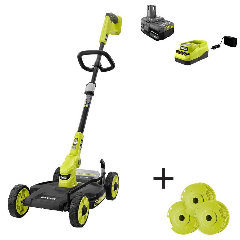 RYOBI ONE+ 18-Volt 12 in. Cordless 3-in-1 Trim Mower with Extra 3-Pack of Spools, 4.0 Ah Battery and Charger - P20160-AC