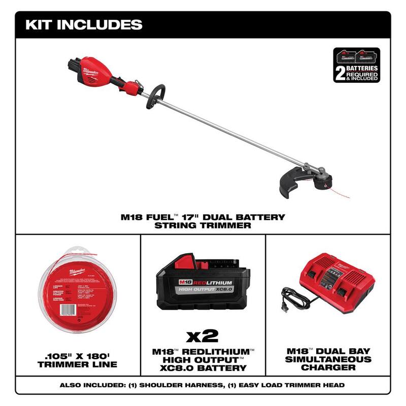 Milwaukee M18 FUEL 18V Brushless Cordless 17 in. Straight Shaft String Trimmer w/0.105 in. x 180 ft. Line, (2) Battery, Charger - 3006-22-49-16-2800