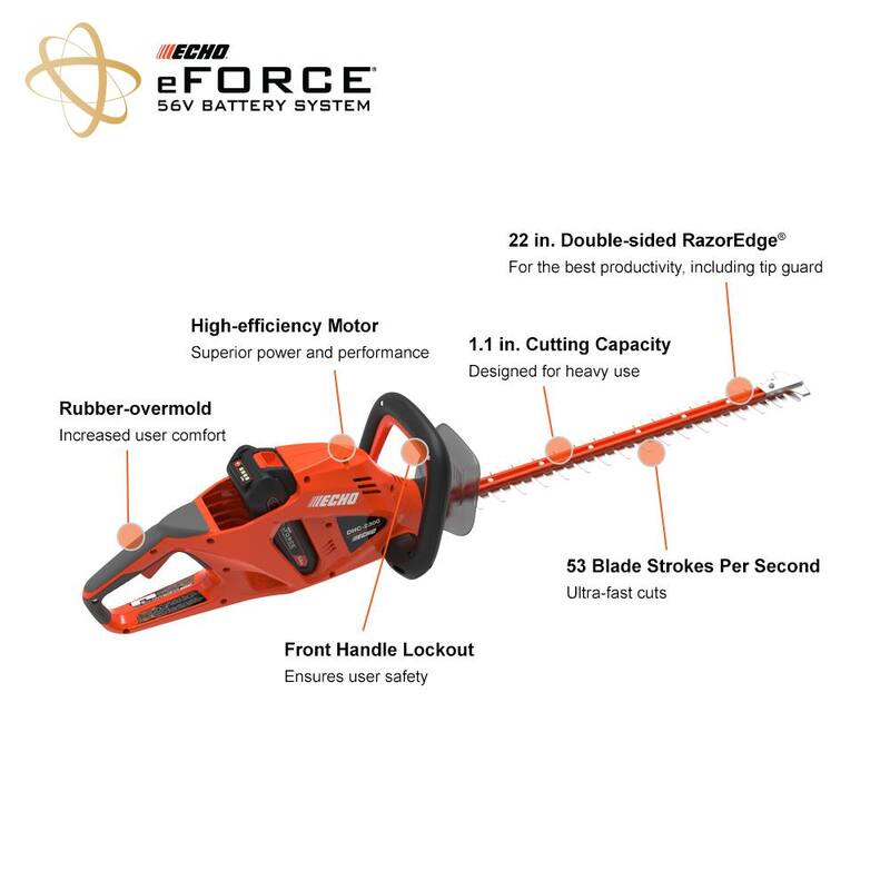 ECHO eFORCE 22 in. 56V Cordless Battery Hedge Trimmer with 2.5Ah Battery and Charger - DHC-2300C1