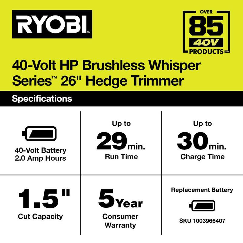 RYOBI 40V HP Brushless Whisper Series 26 in. Cordless Battery Hedge Trimmer with 2.0 Ah Battery and Charger - RY40660