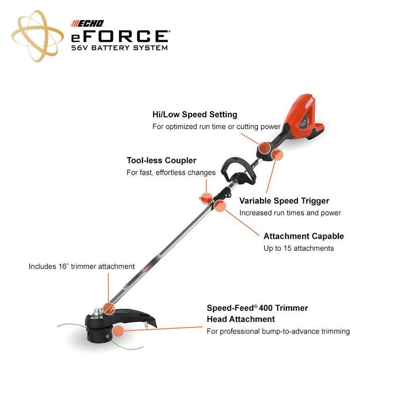 ECHO eFORCE 56V Brushless Cordless Battery 16 in. Attachment Capable String Trimmer and 2.5Ah Battery and Charger - DPAS-2100SBC1