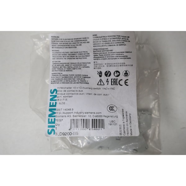 Interruptor auxiliar Siemens 600V-AC 10A parte y accesorio del contactor - 3LD9200-5B