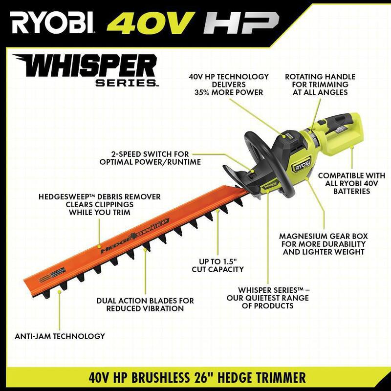 RYOBI 40V HP Brushless Whisper Series 26 in. Cordless Battery Hedge Trimmer (Tool Only) - RY40606BTL