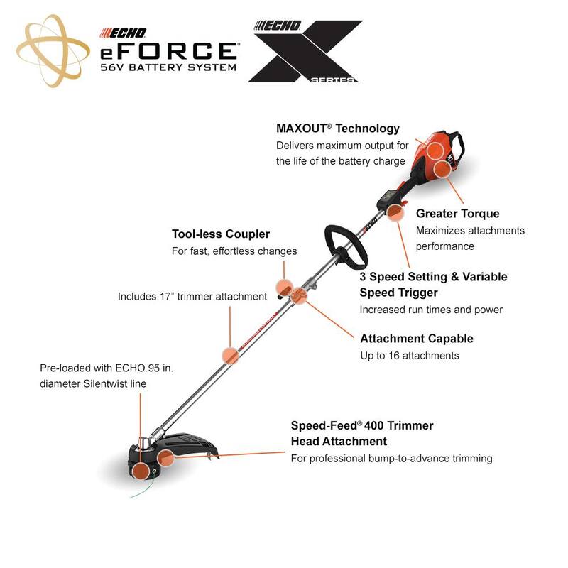 ECHO eFORCE 56V X Series Brushless Cordless Battery Pro Attachment Series String Trimmer with 5.0Ah Battery and Rapid Charger - DPAS-2600SBR2