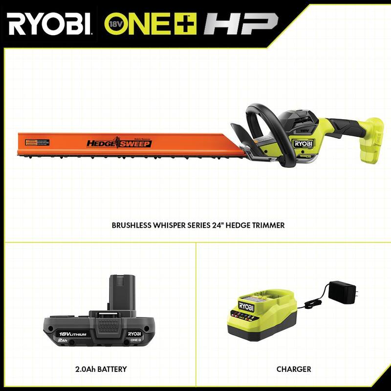 RYOBI ONE+ HP 18V Brushless Whisper Series 24 in. Cordless Hedge Trimmer with 2.0 Ah Battery and Charger - P26110