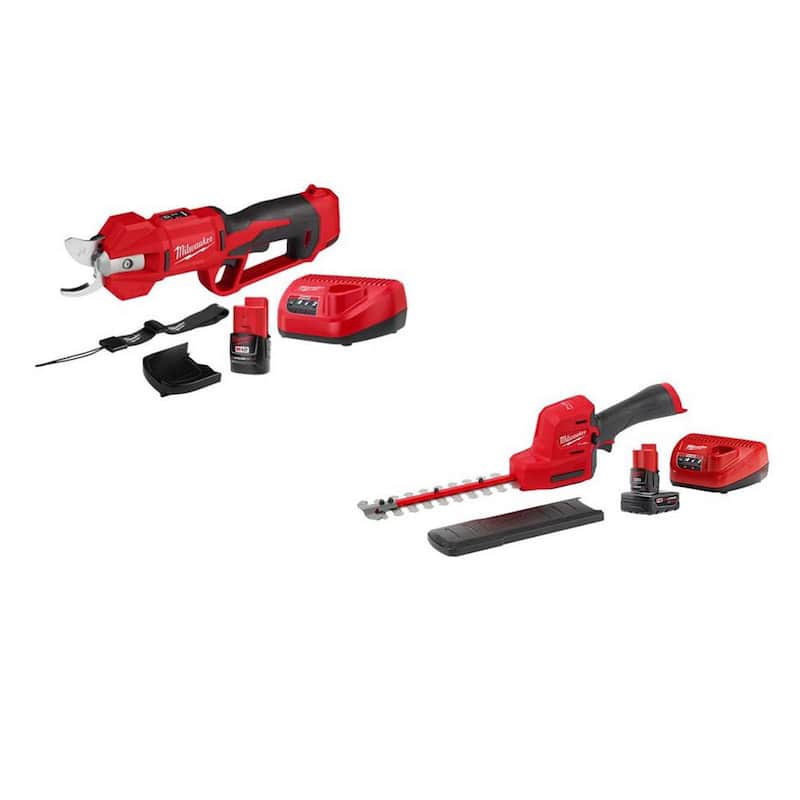 Milwaukee M12 FUEL 12V Brushless Cordless Brushless Cordless Pruner w/M12 8 in. Hedge Trimmer, 4.0 Ah & 2.0 Ah Battery, Charger - 2534-21-2533-21