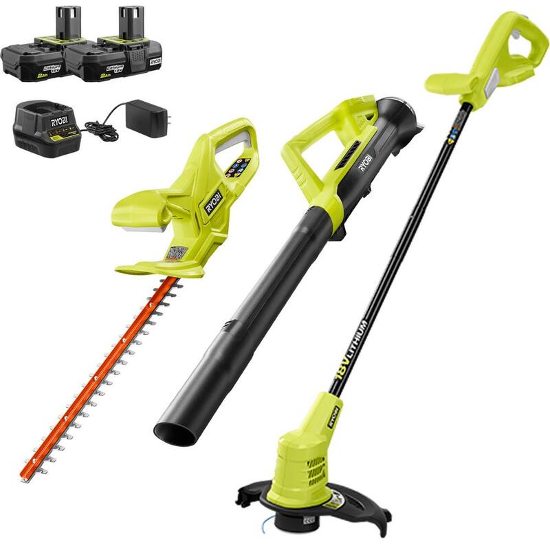 RYOBI ONE+ 18V Cordless Battery String Trimmer/Edger, Hedge Trimmer, Blower (3-Tool) w/ (2) 2.0 Ah Batteries and Charger - P20131