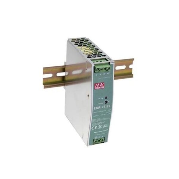 Meanwell Power Supply, 90 to 264V AC, 24V DC, 75W, 3.2A, DIN Rail - EDR-75-24