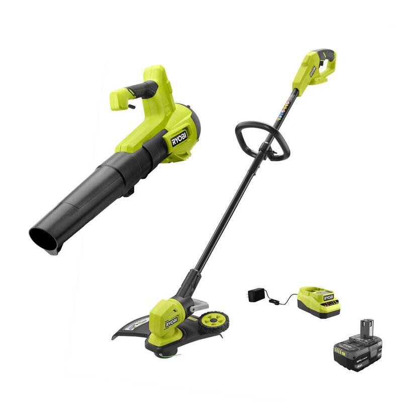RYOBI ONE+ 18V Cordless 13 in. String Trimmer/Edger and Blower with 4.0 Ah Battery and Charger - P2039