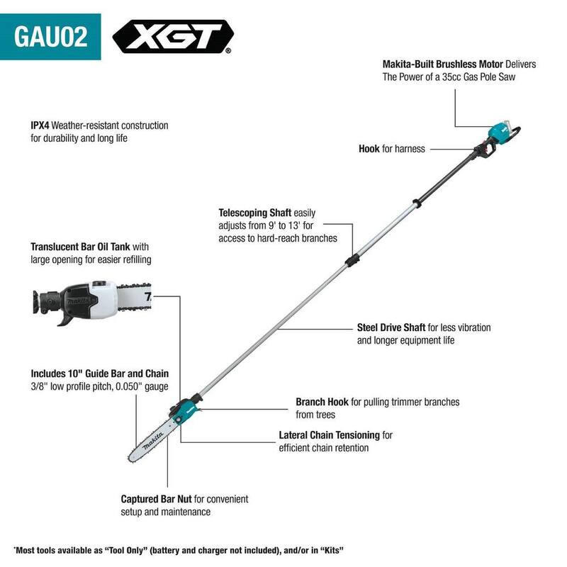 Makita XGT 40V max Brushless Cordless 10 in. Telescoping Pole Saw Kit, 13 ft. Length (4.0Ah) - GAU02M1