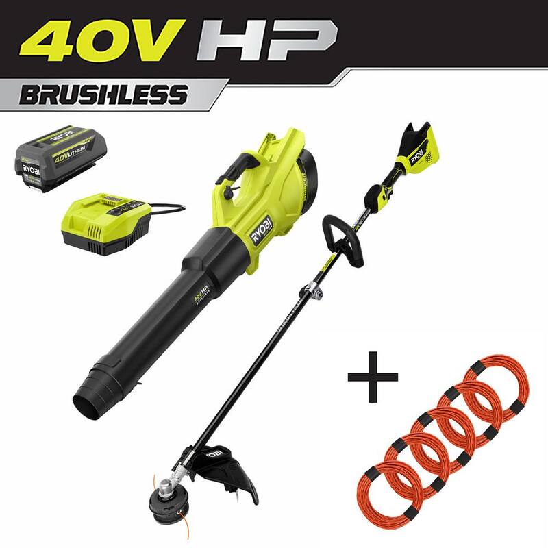 RYOBI 40V HP Brushless Cordless Battery String Trimmer & Leaf Blower w/ Extra 5-Pack of Pre-Cut Line, 4.0 Ah Battery & Charger - RY40960-AC