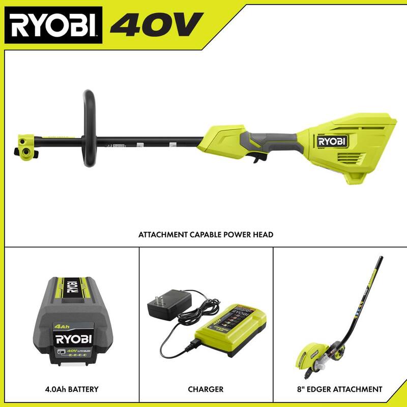 RYOBI 40V Expand-It Cordless Battery Attachment Capable Powerhead and Edger Attachment with 4.0 Ah Battery and Charger - RY40PH01K-RYEDG