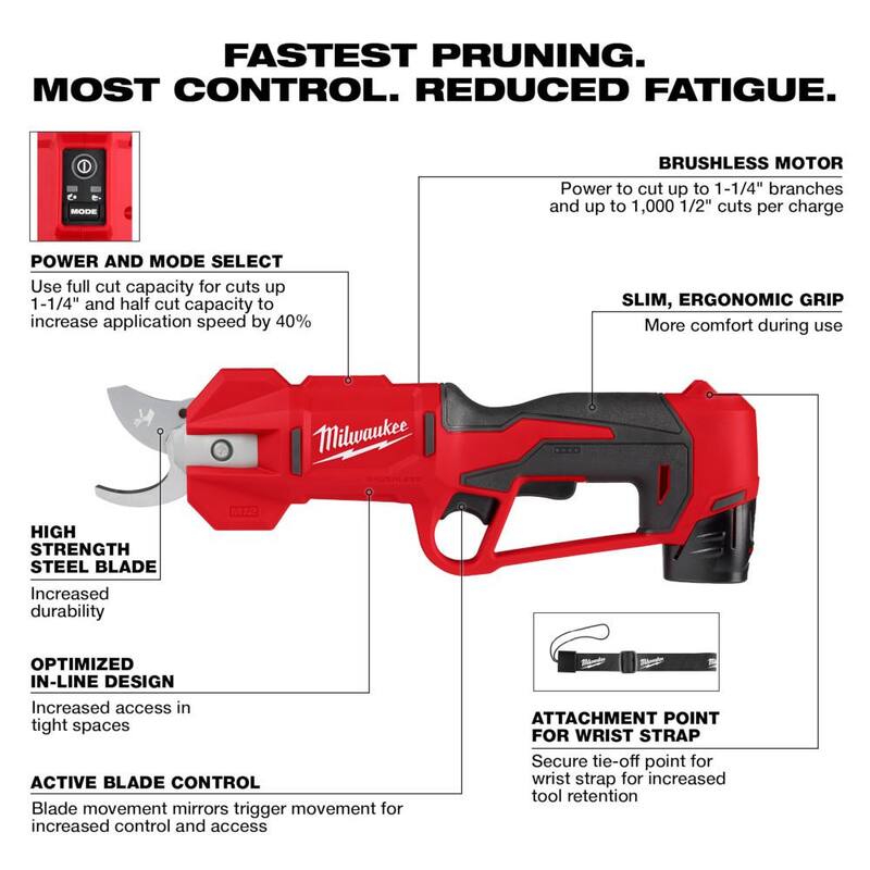 Milwaukee M12 12V Brushless Cordless Brushless Cordless Pruner Kit w/(2) 2.0 Ah Battery, Charger - 2534-21-48-11-2420