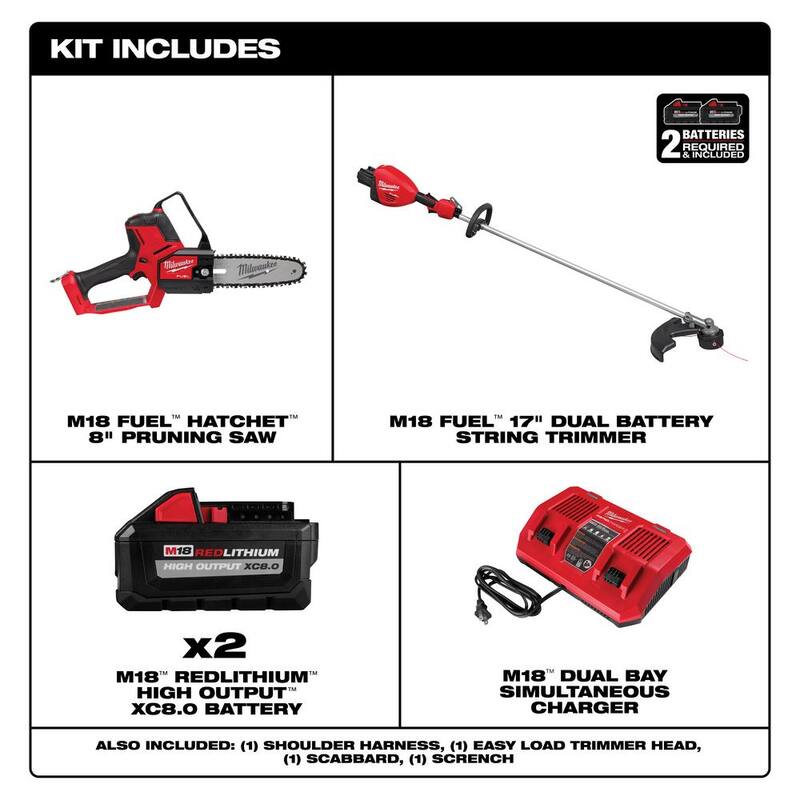 Milwaukee M18 FUEL 18V Brushless Cordless 17 in. Dual Battery Straight Shaft String Trimmer w/Pruning Saw, (2) Battery, Charger - 3006-22-3004-20