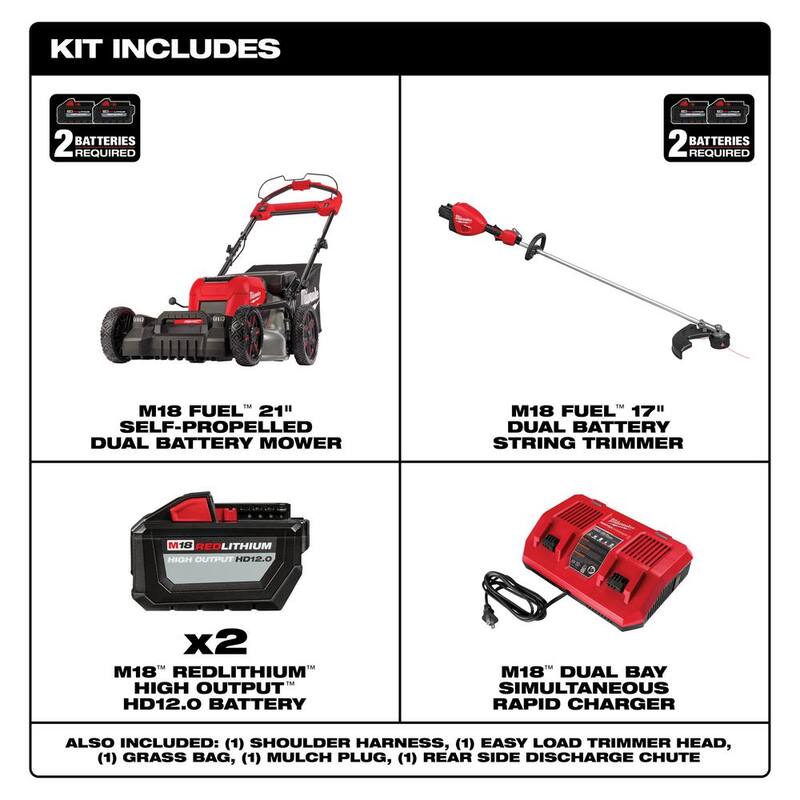 Milwaukee M18 FUEL 18V Brushless Cordless 17 in. Dual Battery Straight Shaft String Trimmer w/Mower, (2) 12.0 Ah Battery, Charger - 3006-20-2823-22HD