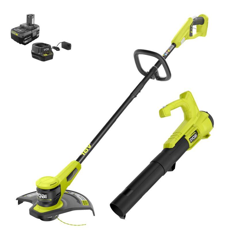 RYOBI ONE+ 18V Cordless Battery String Trimmer and Blower Combo Kit (2-Tools) with 4.0 Ah Battery and Charger - P20151