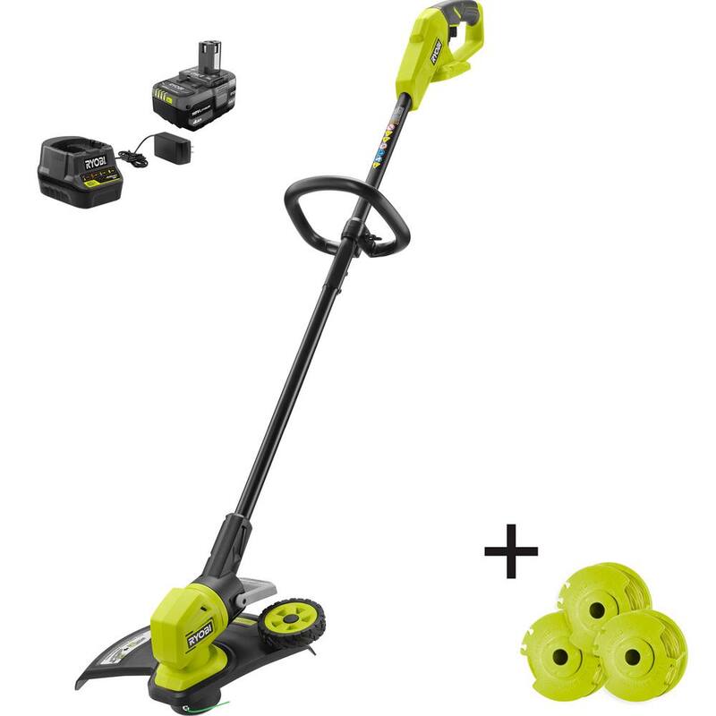 RYOBI ONE+ 18V 13 in. Cordless Battery String Trimmer/ Edger with Extra 3-Pack of Spools, 4.0 Ah Battery and Charger - P20180-AC