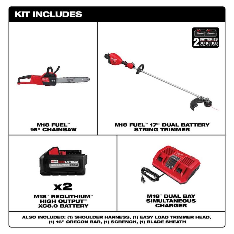 Milwaukee M18 FUEL 18V Brushless Cordless 17 in. Dual Battery Straight Shaft String Trimmer w/Chainsaw, (2) Battery, Charger - 3006-22-2727-20