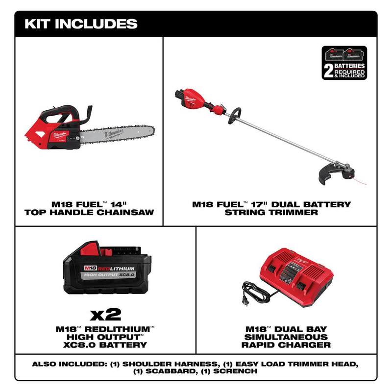 Milwaukee M18 FUEL 18V Brushless Cordless 17 in. Dual Battery String Trimmer w/14 in. Top Handle Chainsaw, (2) Battery, Charger - 3006-22-2826-20T
