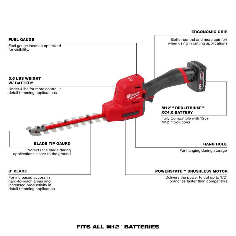 Milwaukee M12 FUEL 8 in. 12V Lithium-Ion Brushless Cordless Hedge Trimmer Kit w/4.0 Ah & 2.0 Ah Battery and Charger - 2533-21-48-11-2420