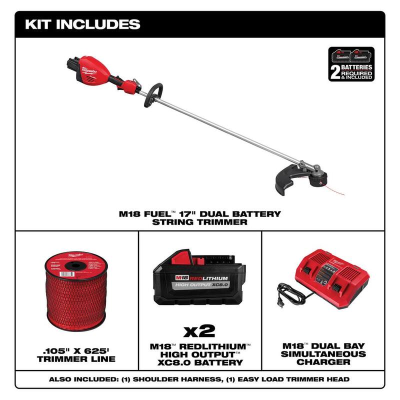 Milwaukee M18 FUEL 18V Brushless Cordless 17 in. Straight Shaft String Trimmer w/0.105 in. x 625 ft. Spool, (2) Battery, Charger - 3006-22-49-16-2789