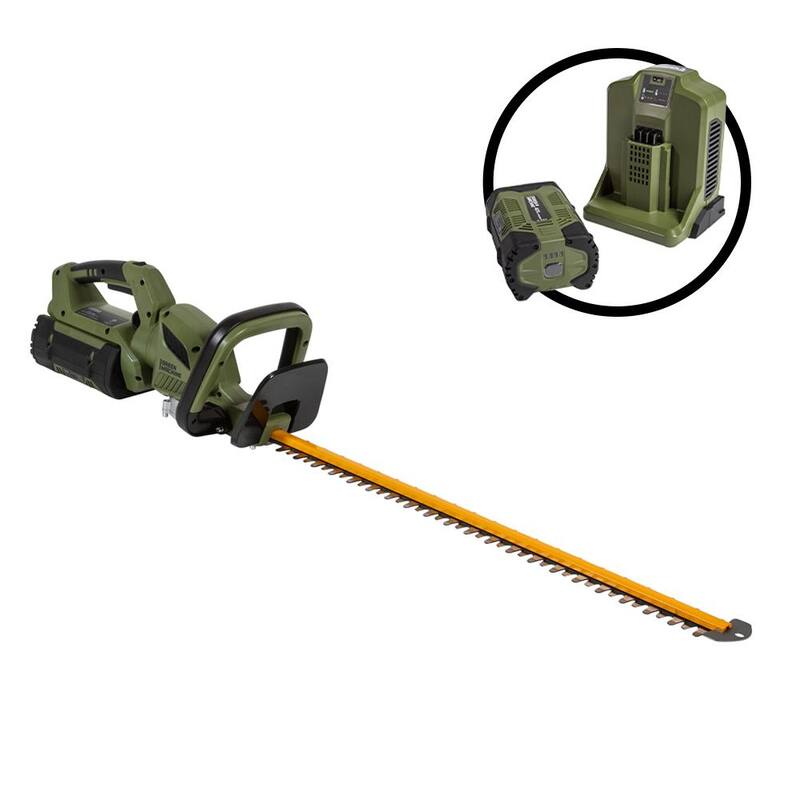 Green Machine 62V Brushless 25in. Cordless Battery Push start Hedge Trimmer with Rotating Handle and 2.5 Ah Batter and Rapid Charger - GMHT6200