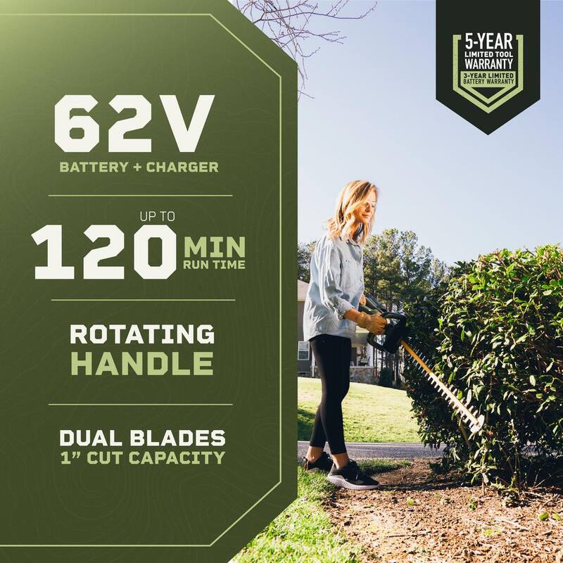 Green Machine 62V Brushless 25in. Cordless Battery Push start Hedge Trimmer with Rotating Handle and 2.5 Ah Batter and Rapid Charger - GMHT6200