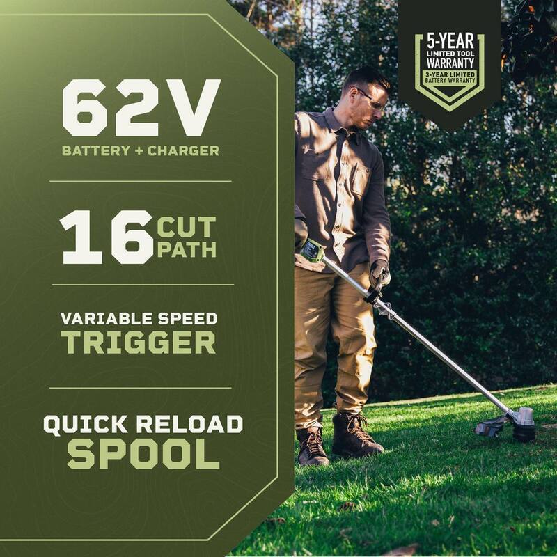 Green Machine 62V Cordless Battery 16” String Trimmer Cut Swath Brushless Motor with quick reload spool and 2.5 Ah Battery and Charger - GMST6200-A