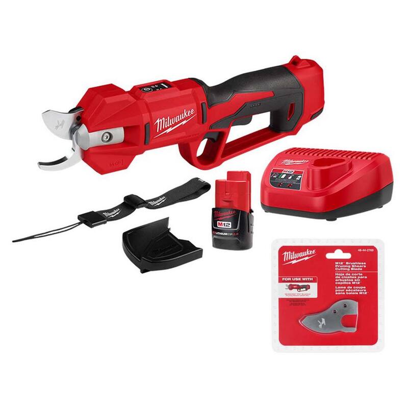 Milwaukee M12 12V Brushless Cordless Brushless Cordless Pruner Kit with Replacement Blades, 2.0 Ah Battery, and Charger - 2534-21-48-44-2769