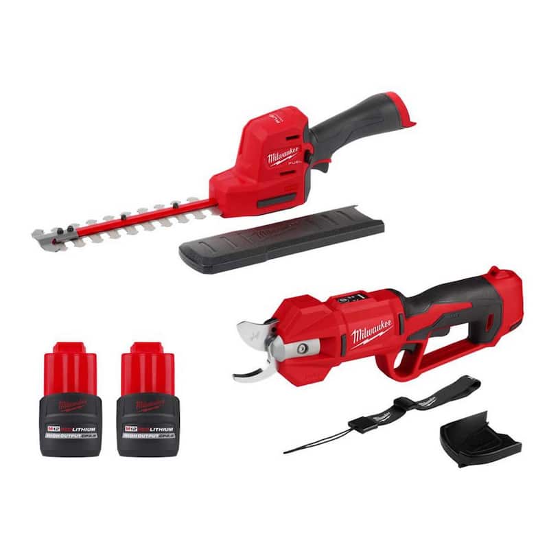 Milwaukee M12 12V Cordless Brushless Pruner Shears with M12 8 in. Hedge Trimmer, (2) 2.5 Ah Batteries - 2534-20-2533-20-48-11-2425-48-11-2425